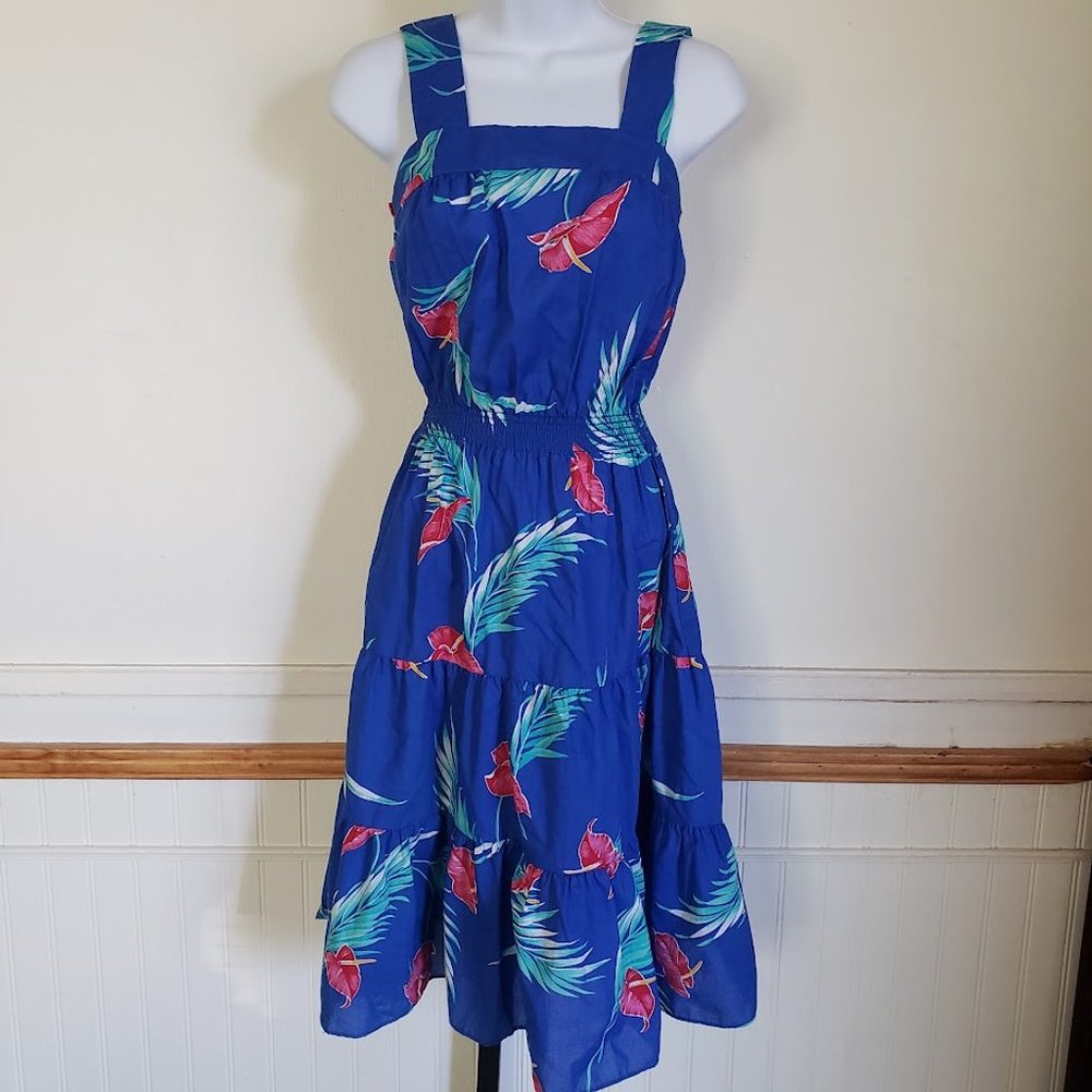 Sand Pebble of Hawaii Womens Sundress Small Blue Anthurium Print 70s USA